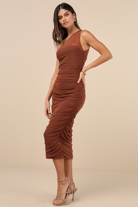 Kiden Brown Mesh Ruched One-Shoulder Midi Dress
