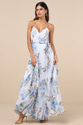 Oh-So Romantic Pale Blue Floral Print Sleeveless Wrap Maxi Dress
