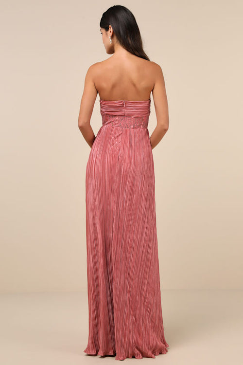 Desme Rose Pink Satin Plisse Strapless Maxi Dress