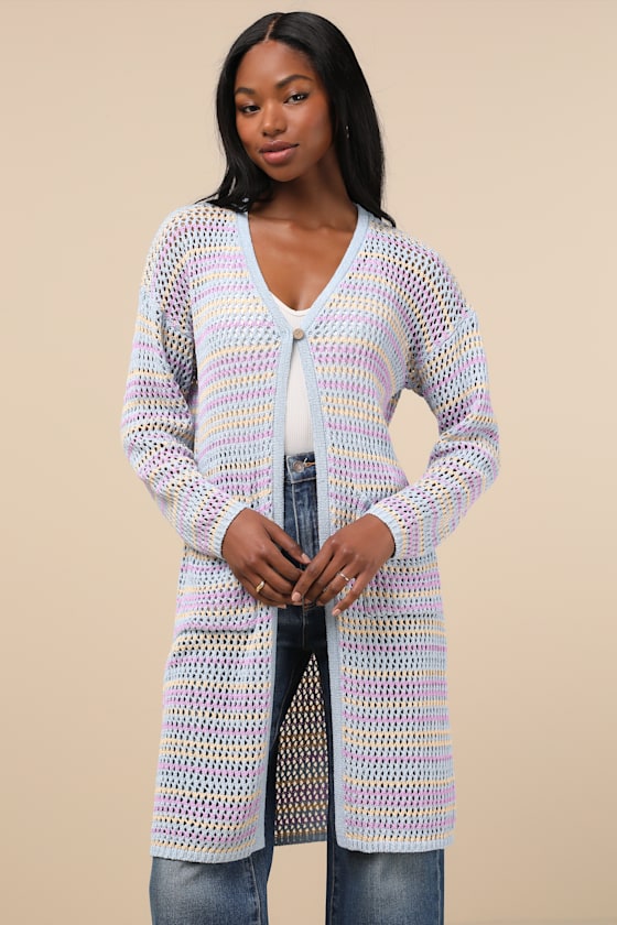 Breezy Strolls Light Blue Multi Striped Crochet Long Cardigan