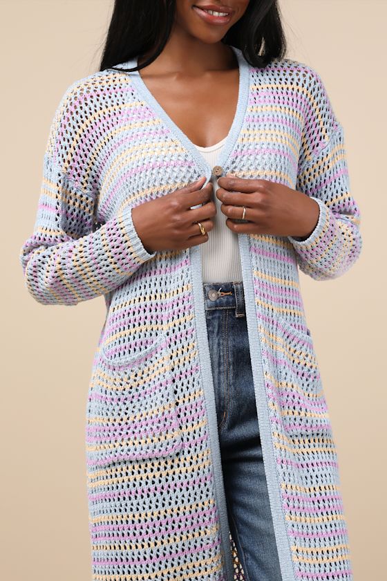 Breezy Strolls Light Blue Multi Striped Crochet Long Cardigan