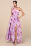 Dramatically Lovely Lavender Floral One-Shoulder Maxi Dress