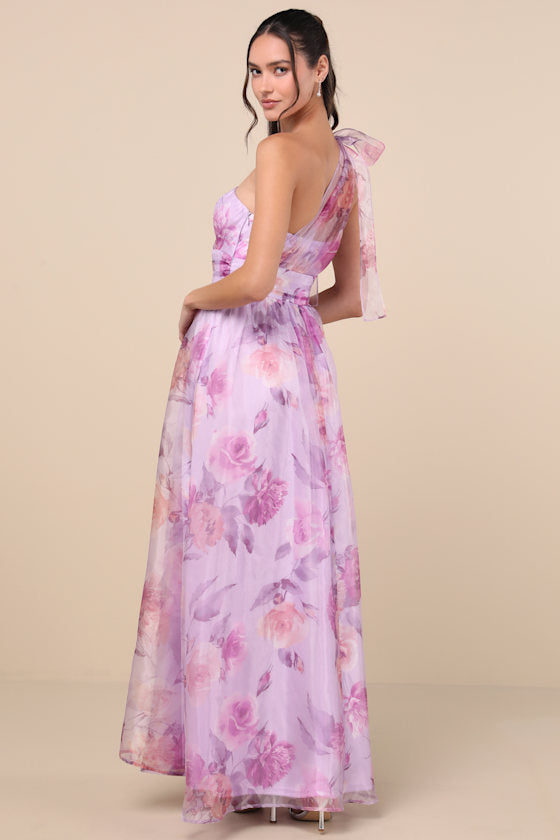Dramatically Lovely Lavender Floral One-Shoulder Maxi Dress