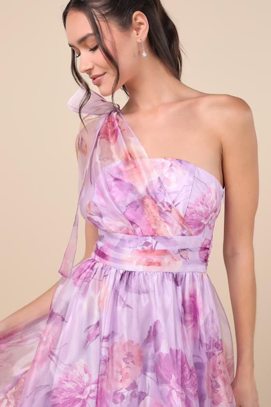 Dramatically Lovely Lavender Floral One-Shoulder Maxi Dress