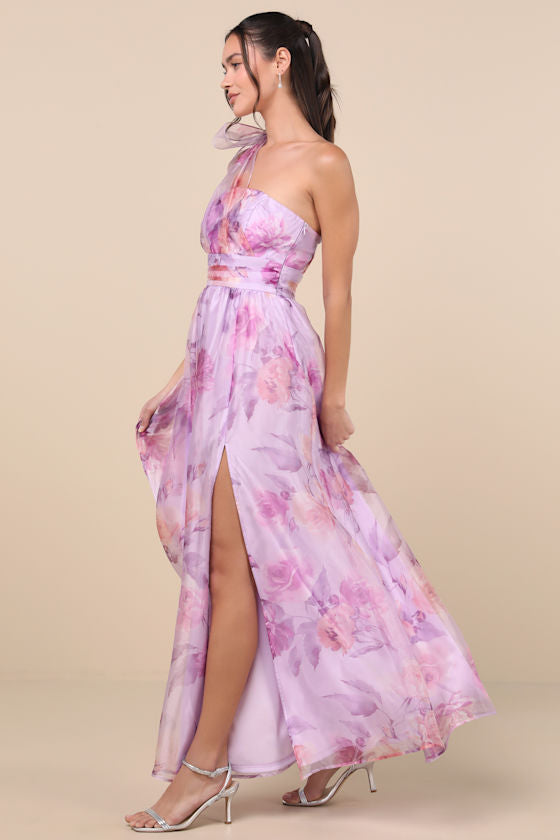 Dramatically Lovely Lavender Floral One-Shoulder Maxi Dress