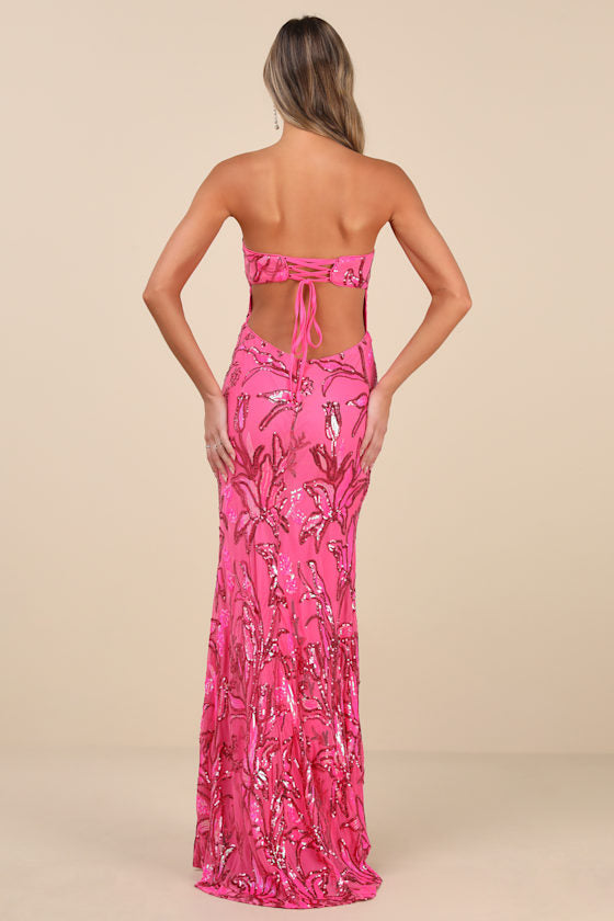 Shimmering Icon Hot Pink Sequin Lace-Up Strapless Maxi Dress