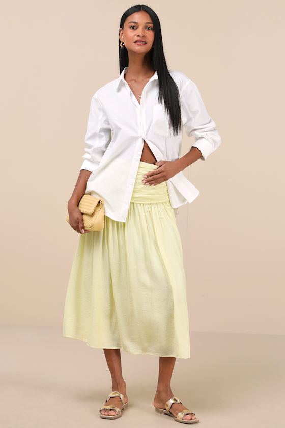 Kesia Light Yellow Textured A-Line Midi Skirt