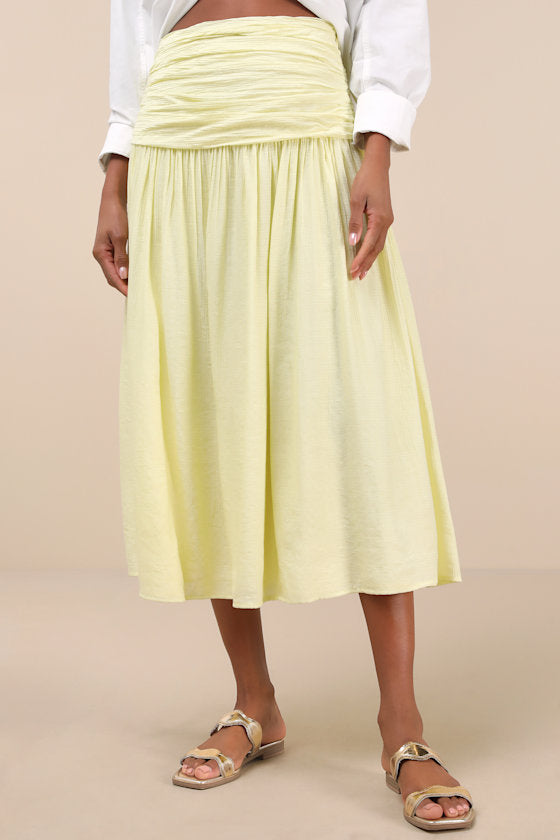 Kesia Light Yellow Textured A-Line Midi Skirt
