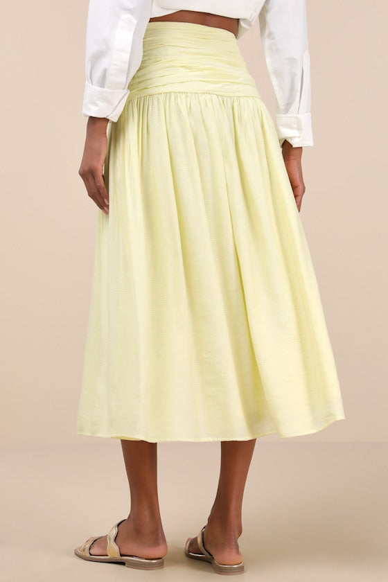 Kesia Light Yellow Textured A-Line Midi Skirt