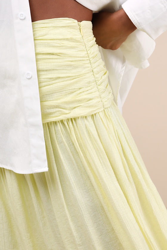 Kesia Light Yellow Textured A-Line Midi Skirt