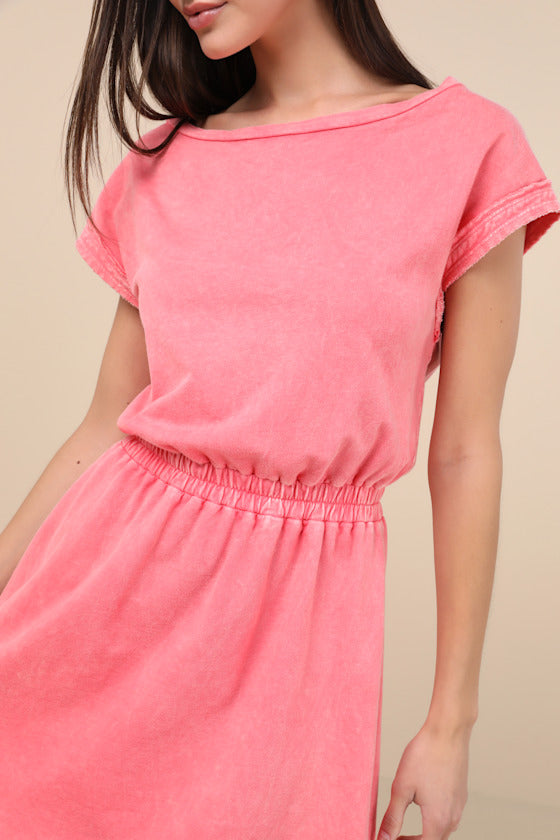 Definite Beauty Washed Coral Pink Short Sleeve Mini Dress