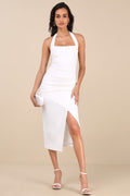 Prominent Charm White Halter Bodycon Tulip Midi Dress