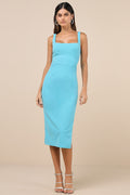 Vibrant Allure Aqua Square Neck Sleeveless Bodycon Midi Dress