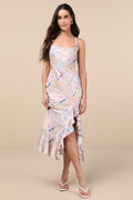 Hitomi Light Pink Multi Scarf Print Lace-Up Ruffled Midi Dress
