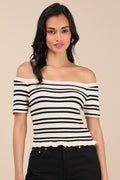Erela Cream and Black Striped Off-the-Shoulder Sweater Top