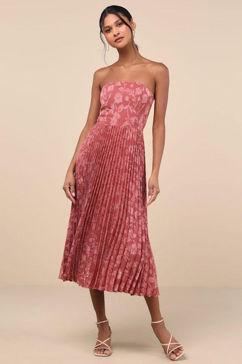 Perfectly Stunning Rusty Rose Jacquard Strapless Midi Dress
