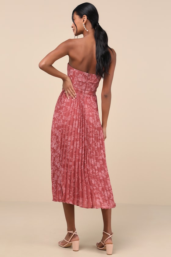 Perfectly Stunning Rusty Rose Jacquard Strapless Midi Dress