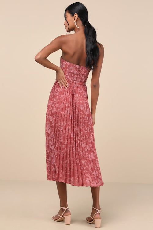 Perfectly Stunning Rusty Rose Jacquard Strapless Midi Dress