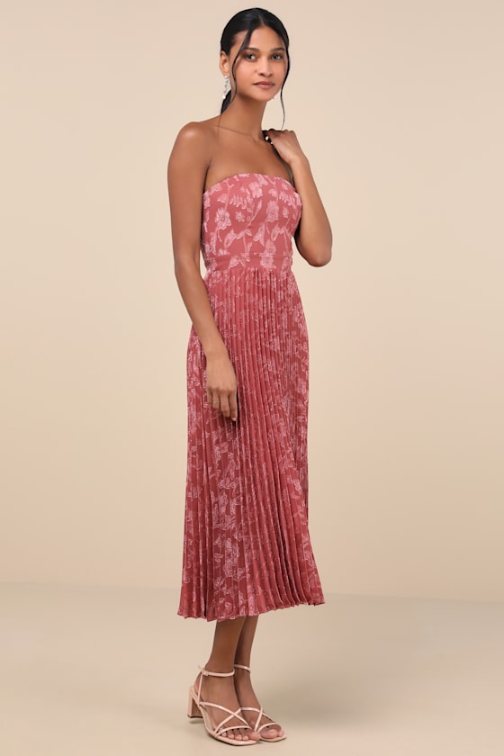 Perfectly Stunning Rusty Rose Jacquard Strapless Midi Dress