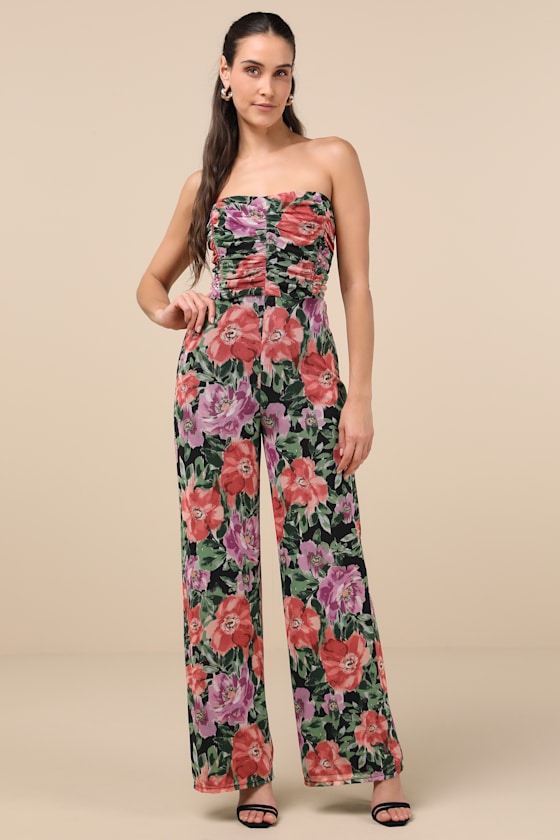 Layka Black Multi Floral Mesh Wide-Leg Jumpsuit