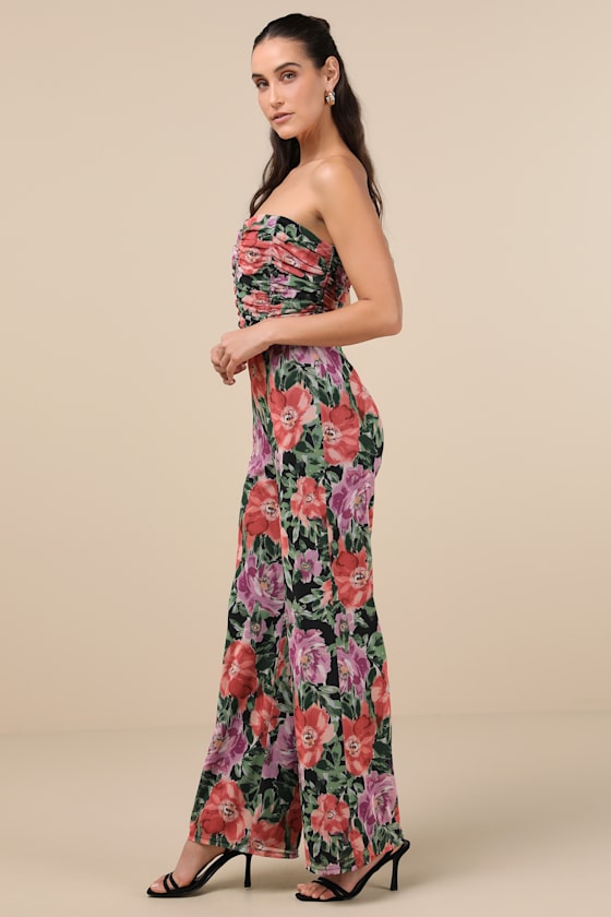 Layka Black Multi Floral Mesh Wide-Leg Jumpsuit