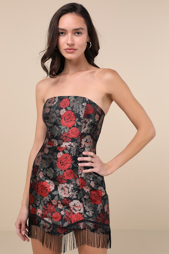 Wyla Black Multi Floral Jacquard Fringe Mini Dress