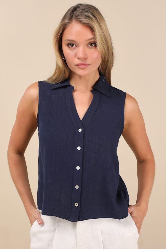Casual Contentment Navy Linen Button-Up Collared Tank Top