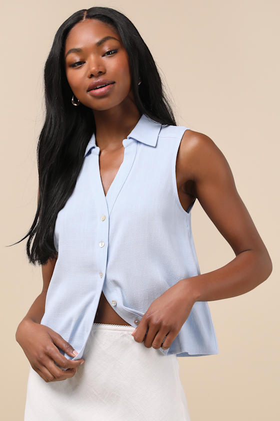 Casual Contentment Light Blue Linen Button-Up Collared Tank Top