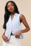 Casual Contentment Light Blue Linen Button-Up Collared Tank Top