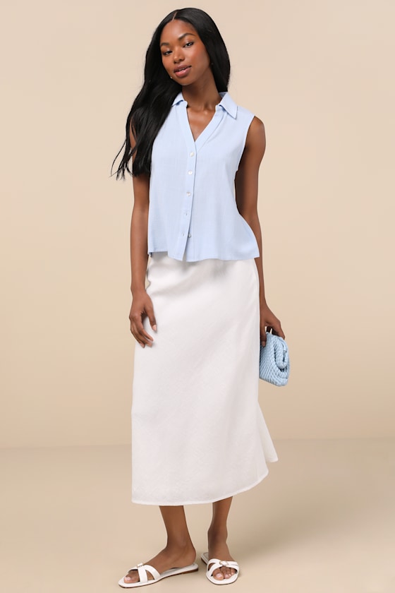 Casual Contentment Light Blue Linen Button-Up Collared Tank Top