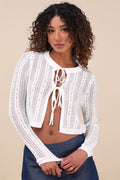 Alwilda White Pointelle Knit Tie-Front Cardigan Sweater Top