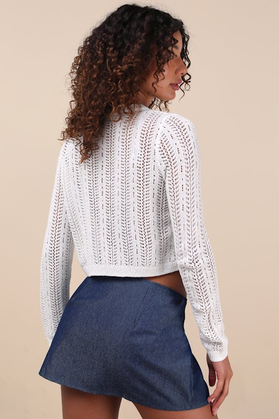 Alwilda White Pointelle Knit Tie-Front Cardigan Sweater Top