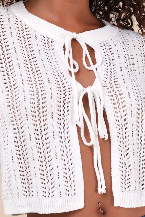 Alwilda White Pointelle Knit Tie-Front Cardigan Sweater Top