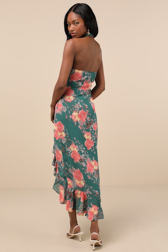 Elegant Entrance Teal Green Floral Print Halter Maxi Dress