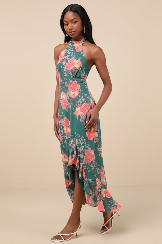 Elegant Entrance Teal Green Floral Print Halter Maxi Dress