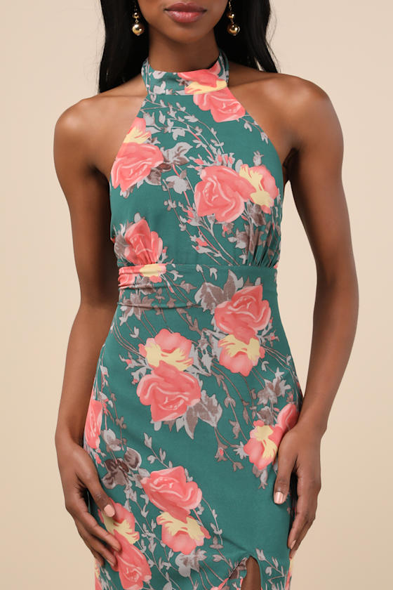 Elegant Entrance Teal Green Floral Print Halter Maxi Dress