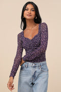 Adoring Desire Dark Purple Floral Print Mesh Ruched Bodysuit
