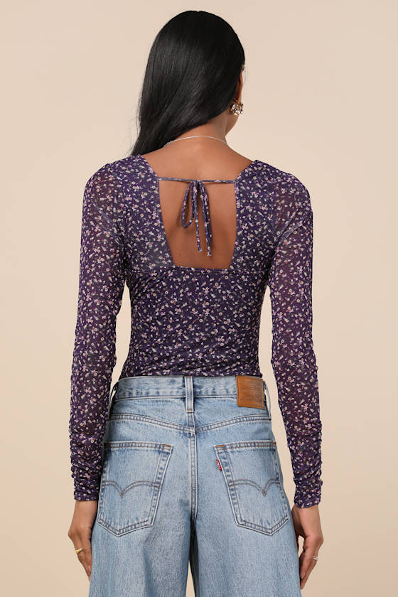 Adoring Desire Dark Purple Floral Print Mesh Ruched Bodysuit