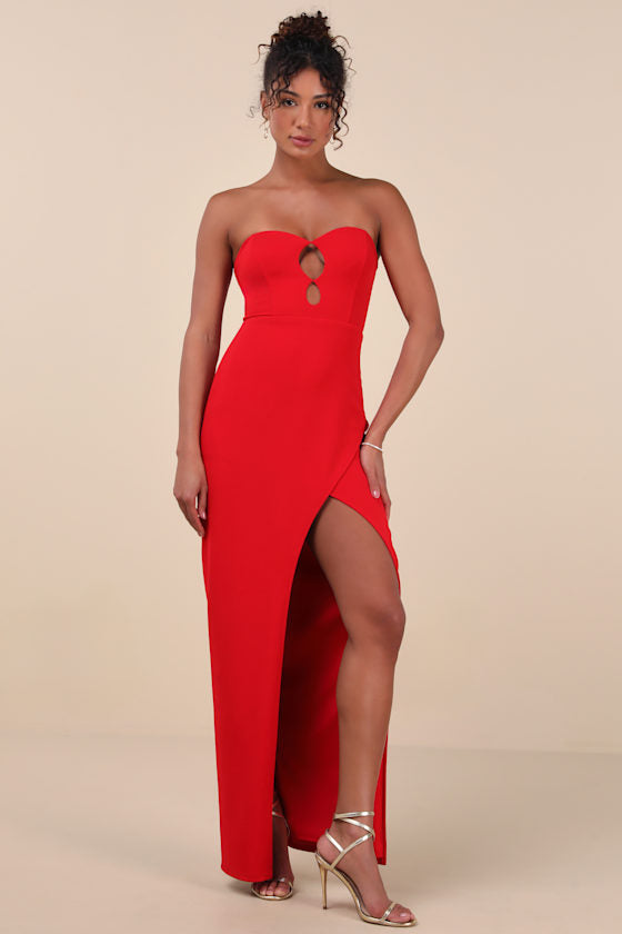 Kaori Red Cutout Strapless Tulip Maxi Dress