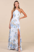 Romantic Marvel Light Blue Floral Print Halter Neck Maxi Dress
