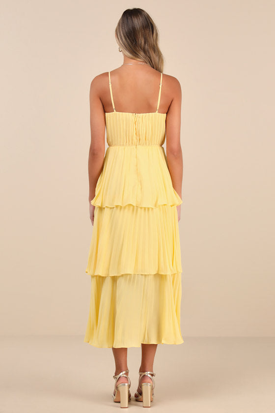 Cascading Crush Yellow Tiered Bustier Midi Dress