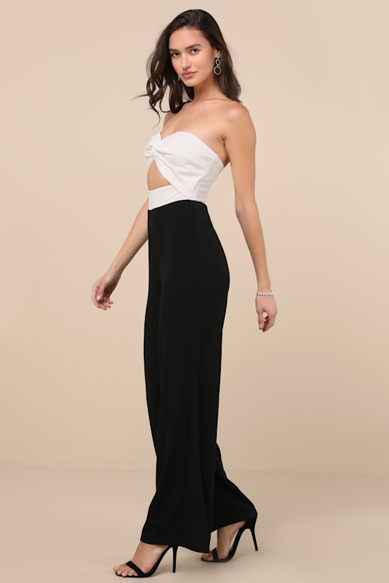Vickie Black and White Cutout Strapless Wide-Leg Jumpsuit