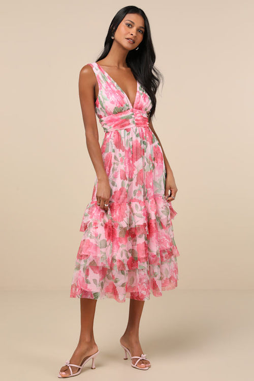 Perfectly Divine Pink Floral Tulle Tiered Ruffled Midi Dress