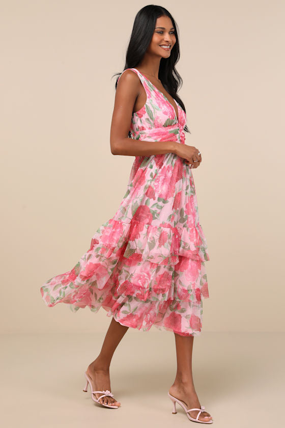 Perfectly Divine Pink Floral Tulle Tiered Ruffled Midi Dress