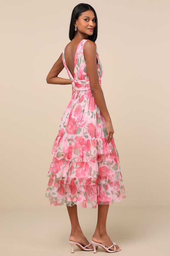 Perfectly Divine Pink Floral Tulle Tiered Ruffled Midi Dress