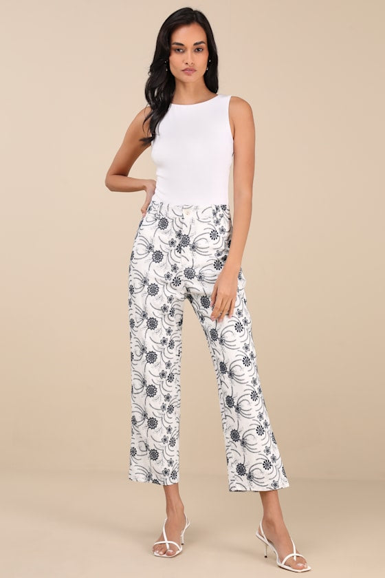 Auroria White Embroidered High-Rise Cropped Pants