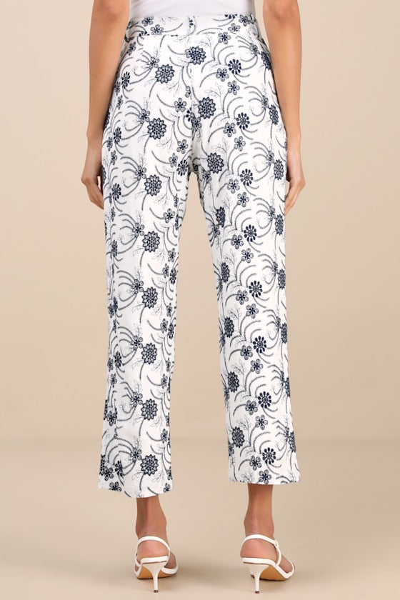 Auroria White Embroidered High-Rise Cropped Pants