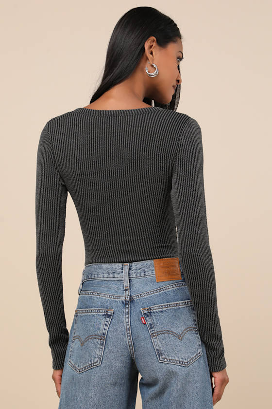 Pursuing Sweetness Charcoal Textured Ribbed Henley Bodysuit