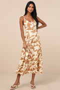 Veris Cream and Tan Floral Bustier Midi Dress