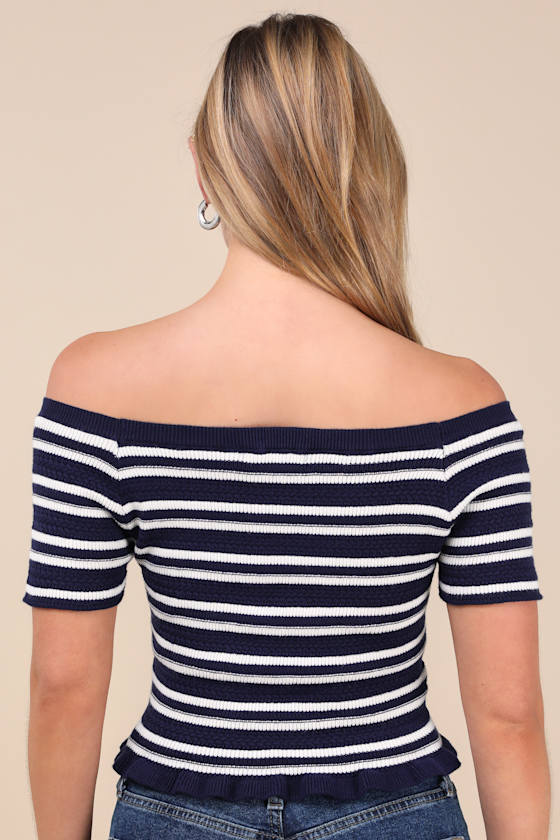 Erela Navy and Ivory Striped Off-the-Shoulder Sweater Top